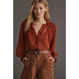 NWT ANTHROPOLOGIE Forever That Girl Rust Orange Ruffle Sheer Blouse M